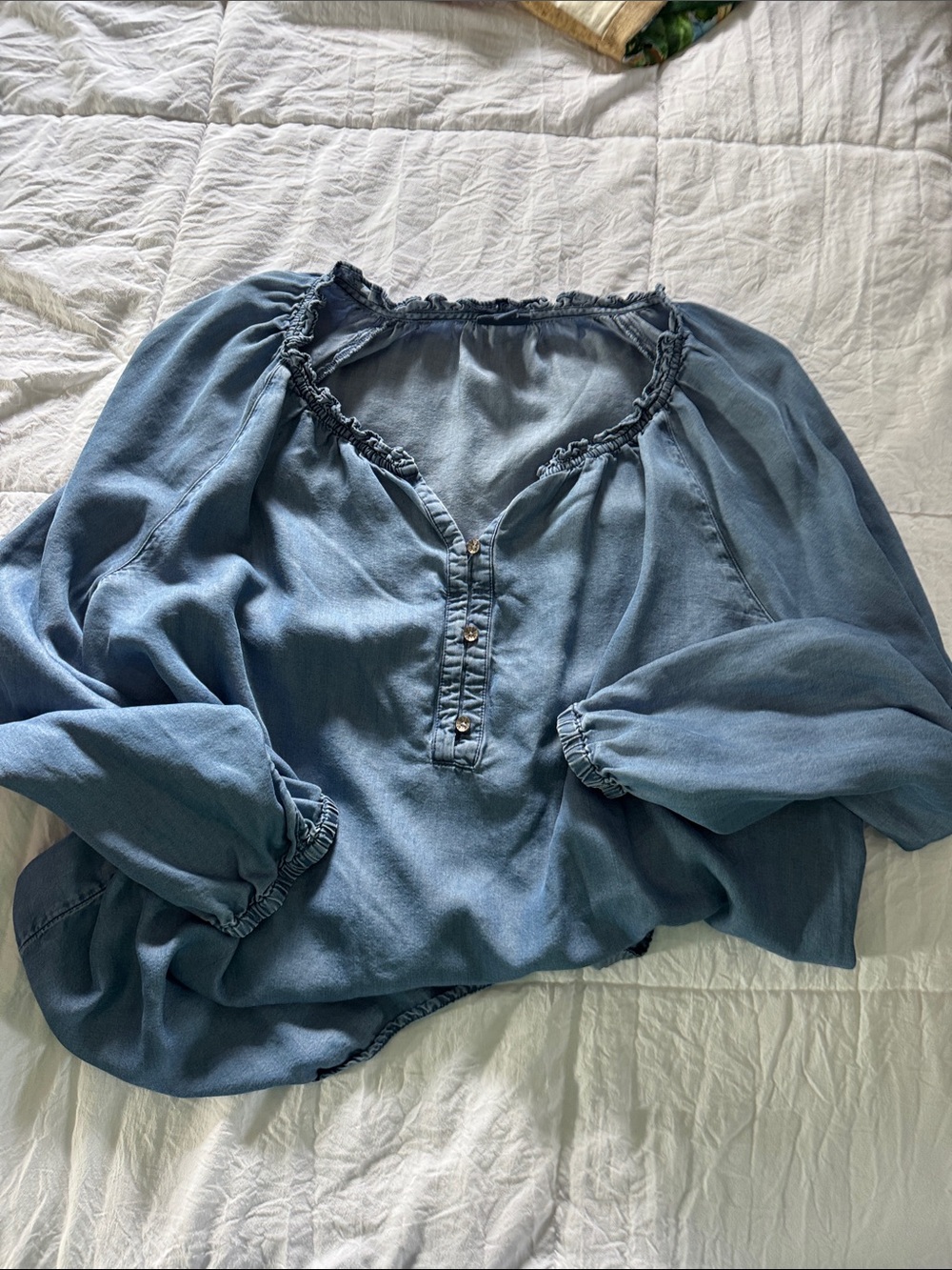 J. Jill Washed Blue Ruffle Henley Blouse